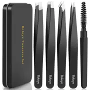 Tweezers Set, 4Pcs Eyebrow Tweezers and an Eyebrow Brush with an Metal Case, ...