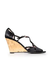 Black Patent Leather Cork Wedge Sandals