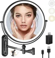 Rocollos Upgraded Base Version Rechargeable Wall Mounted Lighted Makeup Mirror Chrome with 3 Color Lights,Dimmable Touch Screen,8 Inch LED Double Sided 1X/10X Magnifying (Black with Adapter)