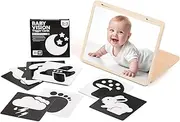 EERKEOD Tummy Time Play Set Adjustable Angle, Double-Sided Design, Montessori Tummy Time Toys Large Baby Safe Mirror and Card Display Stand with Black and White High Contrast Baby Cards