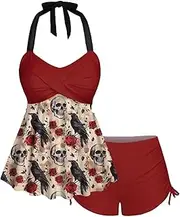 [ROSE GAL] Rosegal Women Plus Size Goth Two Piece Tankini Set Skull Rose Flower Halter Swimsuits