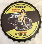 14" Metal Bottle Cap Wall Art My Garage My Rules 1LB w/hooks