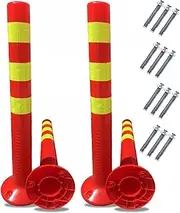 Parking Bollards Fixed Soft Rubber 2 PCS, Reflective Collar Traffic Cones Stanchion Barriers for Road Safety - Set of 2