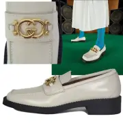 GUCCI SHOES INTERLOCKING G LOGO WHITE LEATHER LOAFERS $1,050 sz 41 US 11