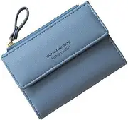 [Huakaile] Bifold Leather RFID Blocking Wallet for Women Mini Ladies Purse with Coin Pocket, with Zipper Buckle, Credit Card Holder Coin Purse PU Small Short Wallet (Blue)
