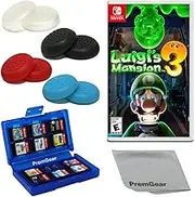 Luigi's Mansion 3 for Nintendo Switch (US Version), with PremGear Thumb Grips (8 pack - Black, Blue, Red & Clear), 24 Slot Game Card Holder & Cleaning Cloth
