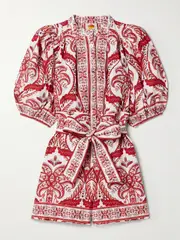 [Farm Rio] Farm Rio - Belted Printed Cotton-poplin Playsuit - Red - medium medium Red