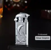 Creative Refillable Double Jet Flame Lighter – Embossed Silver Dolphin