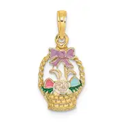 14k Yellow Gold Enameled Easter Basket w/Bunny Bow and Eggs Charm