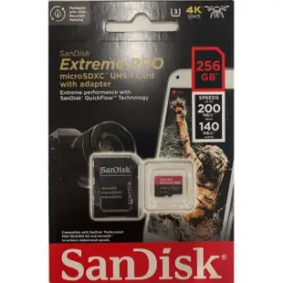 【SanDisk 晟碟】256GB microSDXC Extreme Pro 200MB/s UHS U3 4K V30 A2記憶卡