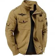 Men's Cotton Embroidered Military Jacket Cargo Jacket with Shoulder Straps Long Sleeve Standing Collar Multi-Pockets Coat Trucker Jacket Tactical Outerwear