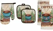 5 pc SET: 2 POT HOLDERS,1 OVEN MITT & 2 TOWELS, HOT MOCHA COFFEE CUP by KC