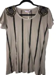 NEW Sass & Bide Lightweight Gray/ Tan Striped Beaded Shoulder Tee Size Small