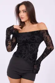 Black Off Shoulder Top Long Sleeve - Size 12M, Women's Top