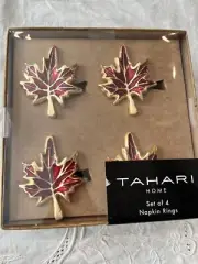 4 Tahari Home MAPLE LEAF NAPKIN RINGS Gold Red Enamel Fall Thanksgiving