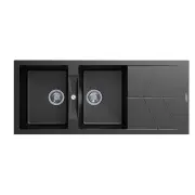 Jazz Granite Kitchen Sink - 1160 x 500mm Double Bowl with Drainer - Deep Black - Top Mount