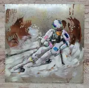 Classic 1960s "Downhill Skier" Painting on all Metal Canvas Home Decor Hand Made