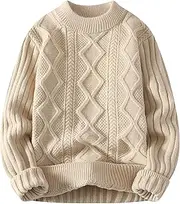 [Gsywaipei] Men's Solid Round Knit Pullover Crewneck Slim Fit Knits Sweater Classic Winter Casual Male Knitted Sweaters, Beige, XL
