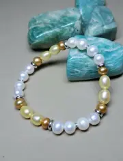 White And Yellow Freshwater Pearl Bracelet Stretch One Of A Kind 6.50"