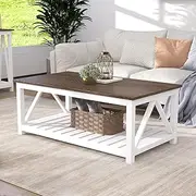 [ChooChoo] Farmhouse Coffee Table, Rustic Vintage Living Room Table with Shelf, 40 White