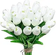 FLORRALIA White Fake Tulips Artificial Flowers - 24 Pcs Artificial Silk White Tulips Faux Flowers with Stems for Home Wedding Hotel Office Centerpiece Decor
