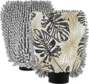 Wash Mitt Car Washing Absorbent Microfiber Chenille Mitts Car Cleaning Tools Scrub Pad Soft Scratch Free Tropical Palm Leaf Golden Black, Medium x 2 Pack