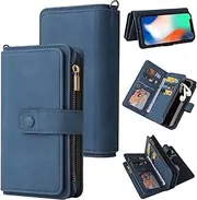 HonwYes Case Compatible iPhone 7 Wallet Case with Wrist Strap—PU Leather Cover 15-Card Slots—Kickstand Zipper Magnetic Closure—Full Body Shockproof Blue|Tempered Film 2