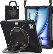 Full Protective Case Case Compatible with iPad Air 13 Inch M3 2025/Air 13" M2 2024,Heavy Duty TPU Shockproof Kids Case,360 Degree Rotating Multi-Function Grip Bracket+Shoulder Strap Rugged Cover(Black