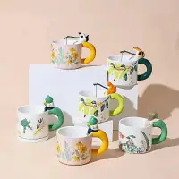 在飛比找樂天市場購物網優惠-手繪創意陶瓷馬克杯卡通可愛萌寵動物青蛙貓咪蝸牛陶瓷杯釉下彩