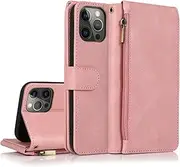 GoshukunTech for iPhone 15 Pro Max Case,for iPhone 15 Pro Max Wallet Case[ 8 Card Slots & 1 Zipper Coin Purse] Leather Wallet Flip Cover with Wrist Starp-Pink