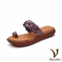 在飛比找momo購物網優惠-【Vecchio】真皮拖鞋 厚底拖鞋 一字拖鞋/真皮立體花朵