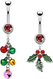 [FLOGWE] 316L 2 PCS Christmas Dangle Mistletoe Belly Button Rings 14G Stainless Steel Jingling Bell Navel Rings for Women Belly Piercing Jewelry, ONE SIZE, Stainless Steel, cubic zirconia