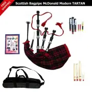 Rosewood Black Finish Scottish Bagpipe Silver Mounts McDonald Tartan Free Reeds