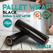 2 Rolls 500mm x 400m 25UM BLACK Stretch Film Hand Carton Box Pallet Wrap