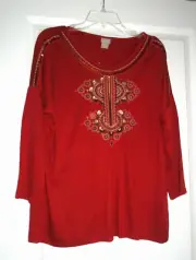 CHICO'S Rich Paprika Color Knit Top Embroidered Rayon Blend Chico's Size 2R New!