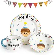 ZONEYILA Ceramic 3-Pieces Dinnerware Set, Hand-Painted Boy Girl Birthday Gift Set, Salad Dessert Cake Plate, Cereal Bowl, and Milk Coffee Cup, Creative Gifts (Boy)