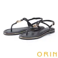 在飛比找momo購物網優惠-【ORIN】造型圓飾真皮鑲金平底夾腳涼鞋(黑色)