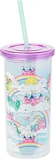 Silver Buffalo My Little Pony Magical Castle Pattern Featuring Fluttershy, Rainbow Dash, and Pinkie Pie, Plastic Tall Cold Cup with Lid and Straw, 20 Ounces