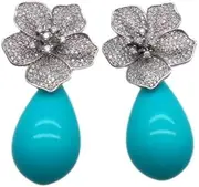 [JPHHRP] 1pcs 16x27mm Blue Sea Shell Teardrop Flower Stud Gold Plated Stones Earrings Party, Stainless Steel, Cubic Zirconia