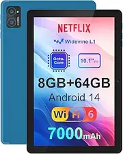 10 inch Android 14 Tablet: 8GB+64GB+1TB Expandable, Widevine L1 Netflix Certified, 8-Core CPU A523 Android Tablet, 7000mAh Battery, OTG Face Recognition Metal Body + Stand Case