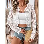 Women's Casual Jacket Breathable Comfortable Lace Patchwork Casual Plain Vacation Street Casual Daily Wear Open Front Short Crewneck Regular Fit Long Sleeve Ou