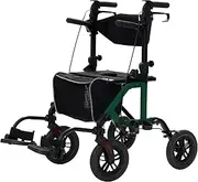 All-Terrain 2 in 1 Rollator Walker & Transport Chair, Folding Wheelchair with 10” Non-Pneumatic Wheels for Seniors, Reversible Backrest & Detachable Footrests, Green
