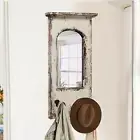 Rustic Arched Wall Mirror with Hooks – 12"x22" White Farmhouse Decor