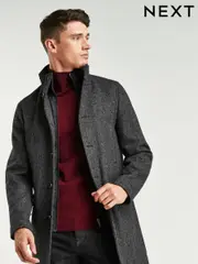 Charcoal Grey Wool Blend Mock Gilet Herringbone Padded Coat (204038) | $180