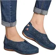 [XWCG] Summer Breathable Sandal Platform Wedges Thong Sandals Fashion Leather Slip on Comfort Open Toe Beach Flip Flops Orthopedic Breathable Hollow Sandals,Blue,US7/EU38