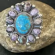 Cluster Blue Kingman Turquoise Charoite Navajo Sterling Silver Ring Sz 9.5 17178