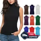 Women Sleeveless Polo Neck Top Plain Ladies Roll Turtle Neck Top UK 8-22