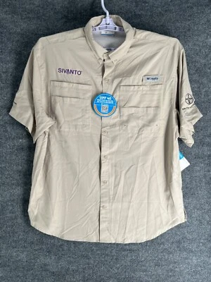 Columbia PFG Shirt Men L Tan Omni-Shade Rip Stop UPF 40 Short Sleeve Vented
