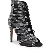 [Goettin] Black Diamond Dance Boots Sparkling Crystal High Heels Modern Dance Shoes Fashionable Dance Boots 3.75-inch High Heels Rubber Soled Outdoor Dance Shoes