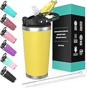 Travel Mug with Lid and Straw 20oz, Vacuum Insulated Coffee Tumbler Cup,Stainless Steel Tumbler, Double Wall Travel Coffee Mug with Splash Proof Lid, Keep Coffee Tea Hot Cold (Yellow)